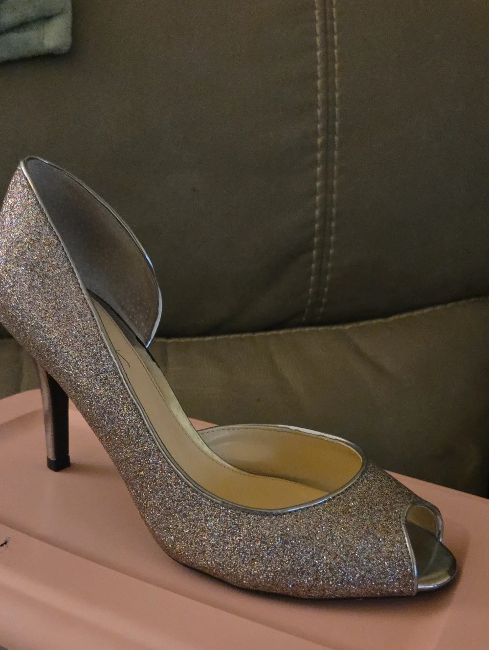 Marc Fisher Gold Glitter Peep-Toe Stiletto Heels